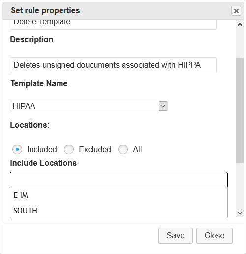 Screenshot of Selecting Locations for Delete Template Rule